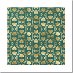 Teal and Gold Vintage Art Deco Scallop Shell Pattern Posters and Art